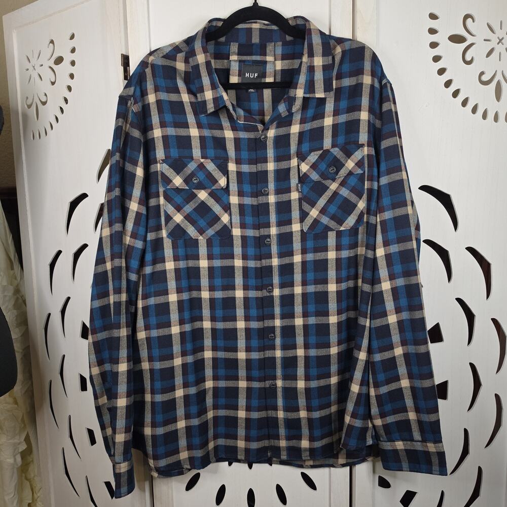 Huf Men's Long Sleeve Button Down Flannel Blue and Black Plaid Size XXL